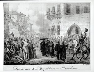 Vernietiging van de Inquisitie in Barcelona, 10 maart 1820, gegraveerd door Godefroy Engelmann door Hippolyte Lecomte